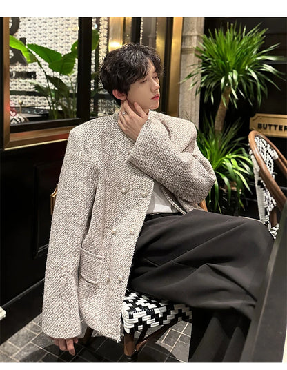 men double breasted french retro loose casual woolen short jacket man korean streetwear show fashion coat autumn outerwear unique shorts style 1321