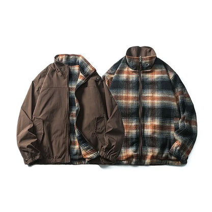 double side wearable coach jacket men streetwear fashion cleanfit splice plaid loose casual outdoor cargo jacket boyfriend coat unique cargo style 834