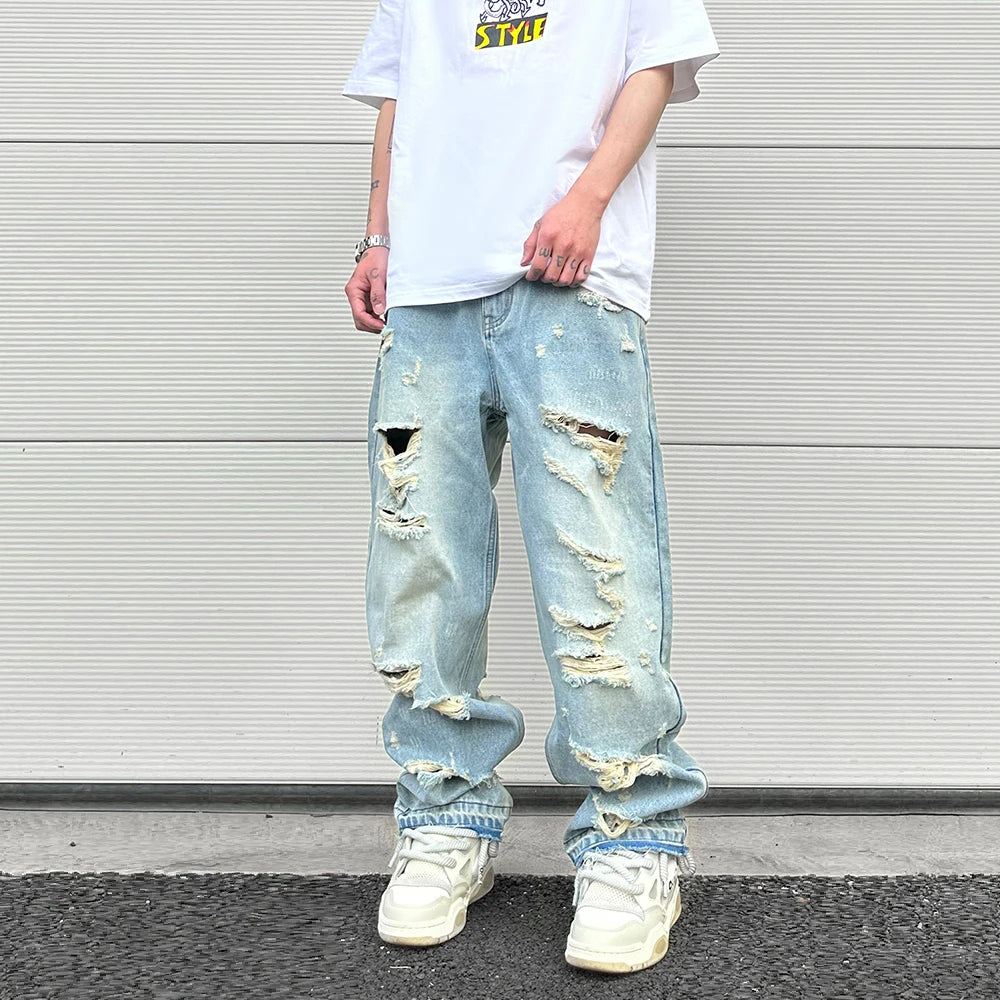 washed blue oversized torn jeans for men streetwear hip hop large destroyed wide leg jeans baggy straight ripped denim pants urban skinny jeans