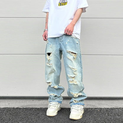 washed blue oversized torn jeans for men streetwear hip hop large destroyed wide leg jeans baggy straight ripped denim pants urban skinny jeans
