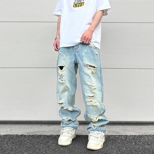 washed blue oversized torn jeans for men streetwear hip hop large destroyed wide leg jeans baggy straight ripped denim pants urban skinny jeans