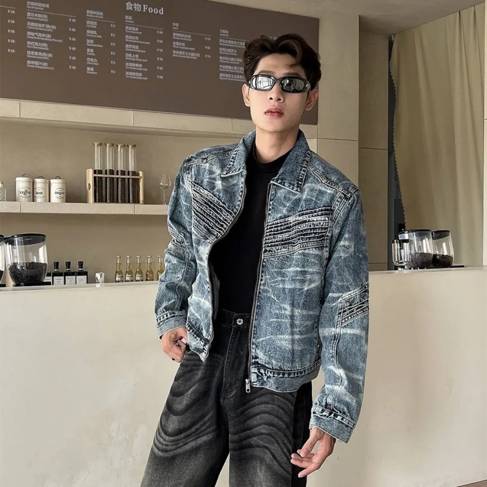vintage washed mens denim jacket heavy weight high street contour pleat design cowboy coats short motorcycle hip hop outwear unique jeans style 3685