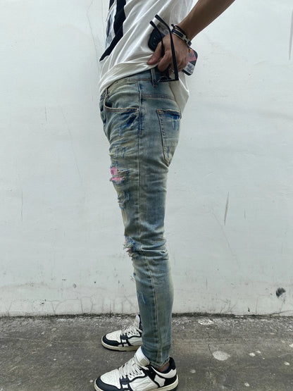 destroied ripped holes patckwork denim jean mens casual distressed washed biker jeans new fashion high street slim pants joggers unique joggers style 2366
