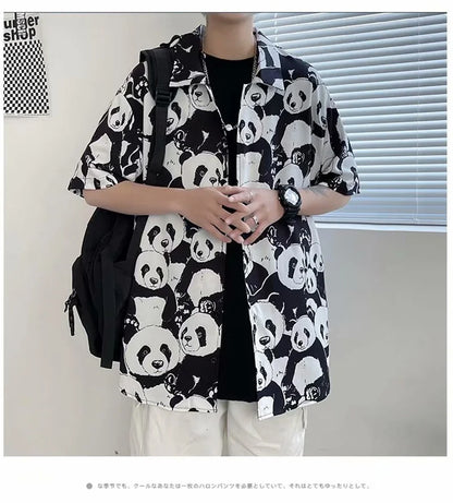 Streetwear Summer Panda Printed Shirts For Men Casual Loose Short Sleeved Camisas Summer Panda Printed Shirts For Men Casual Loose Short Sleeved Camisas Couples Streetwear Fashion Tee Shirt Luxury Social Shirt Fashion Sweater Jacket With Graphic Design For Men