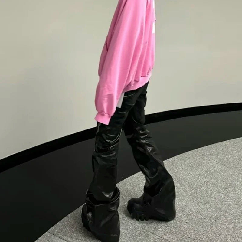 high street wide leg glossy pu leather pants sashes boot cut men and wome straight baggy casual jeans oversized flared trousers unique jeans style 3630