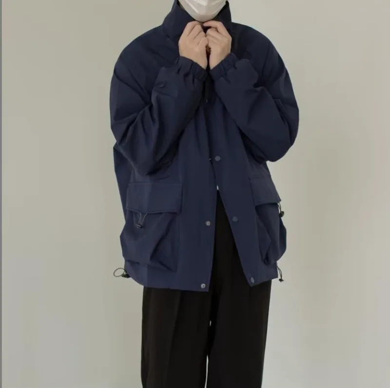 japanese spring jacket mens single breasted stand collar harajuku unisex coats solid big pocket drawstring casual men outwear unique default style 1884