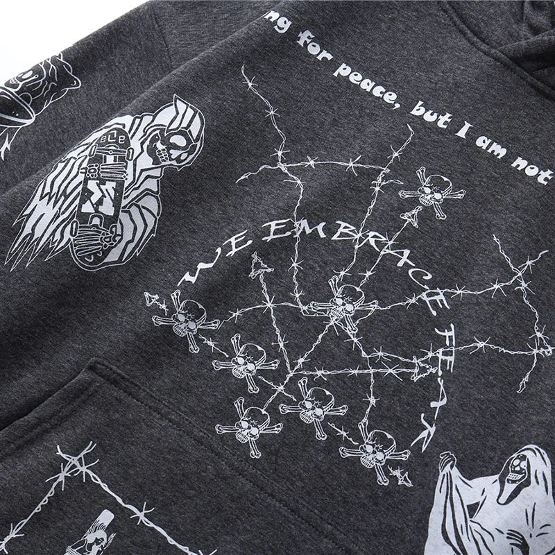 2023 Hip Hop Hoodie Sweatshirt Men Streetwear Skull Graffiti Print Hoodie Pullover Cotton Autumn Grey Harajuku Punk Clothes New Street King Limited