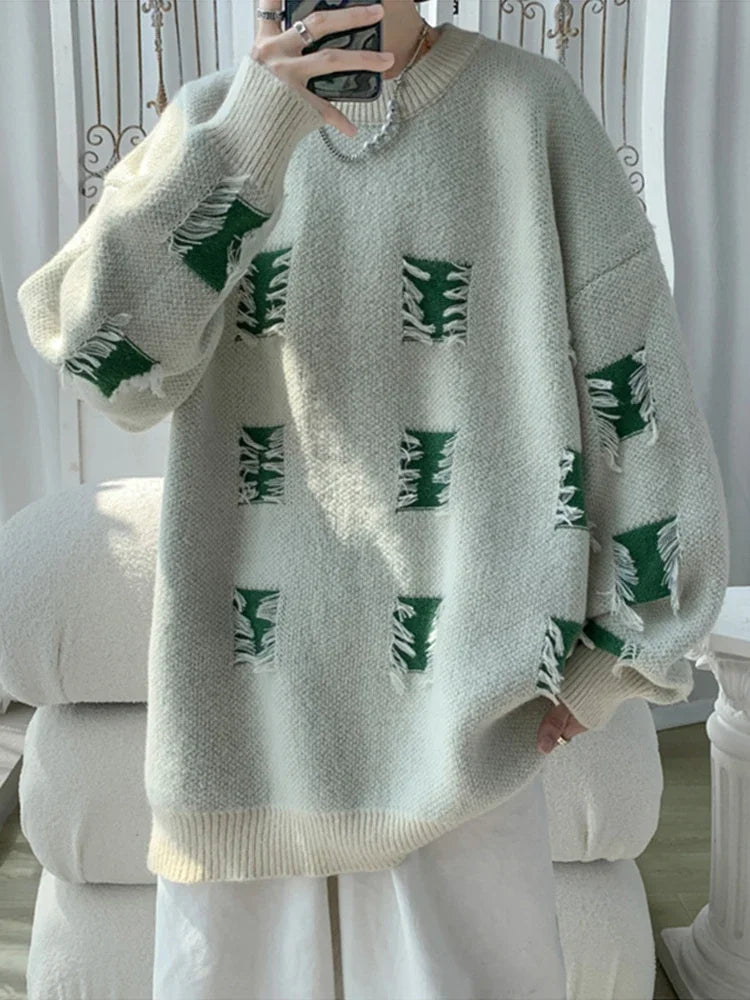 2025 New Ripped Design Crewneck Sweater For Men High Street Patchwork Knitted Jumpers Y2K Vintage Christmas Knitwear Pullovers Street King Limited