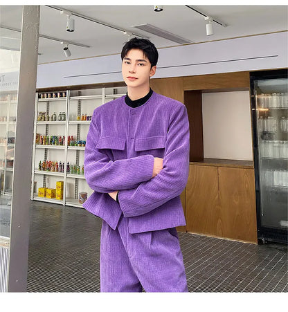 men 2 pieces sets corduroy short jacket wide leg pant suits korean streetwear fashion loose casual retro coat baggy trousers unique shorts style 2689