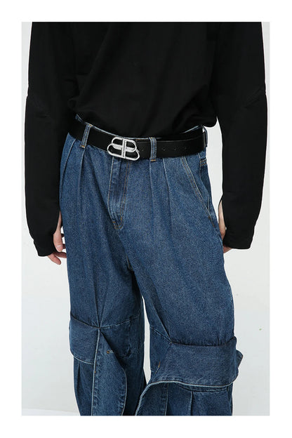 men fashion baggy jeans irregular patchwork loose straight denim pants 2023 new man blue casual oversized jeans trouser unique jeans style 949