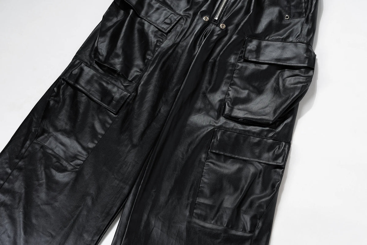 ro style matte pu leather pants for men high street y2k pantalones hombre baggy overall wide leg drawstring cargo pants unique cargo style 5470