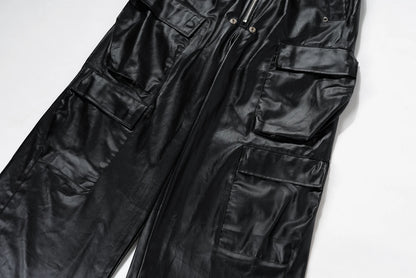 ro style matte pu leather pants for men high street y2k pantalones hombre baggy overall wide leg drawstring cargo pants unique cargo style 5470