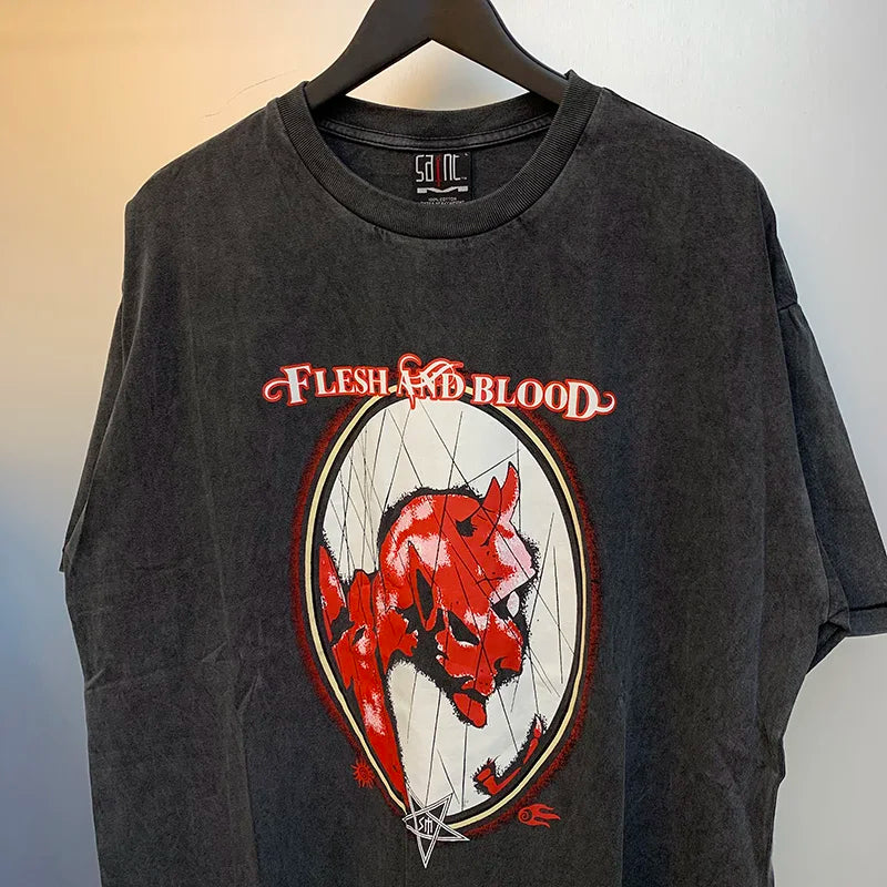 2024ss Sheep Lion Head Printing T Shirt Michael Men Woman Good Quality Vintage Wash Black O-Neck Loose Casual Tops Tee Street King Limited