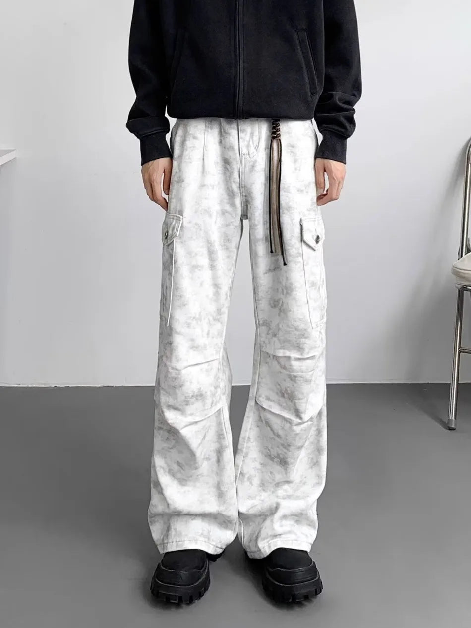American Tie Dye Cargo Pants Mens Autumn Vintage High Street Straight Leg Trousers Casual Multi Pocket Loose Overalls Male Street King Limited