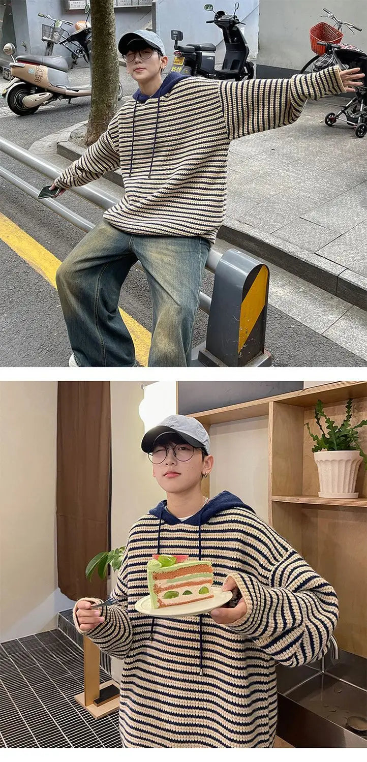 Y2K Striped hooded sweater for men and women autumn and winter American retro trend couple lazy loose and casual knitted top Street King Limited