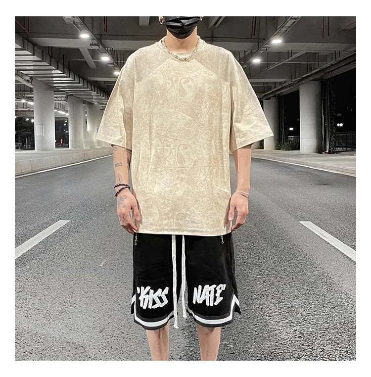 Merican Hip-hop Summer Thin Section Suede Cashew Flower Print Tshirts Tops Men and Women Loose Short-sleeved T-shirts Oversized Street King Limited