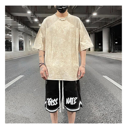 Merican Hip-hop Summer Thin Section Suede Cashew Flower Print Tshirts Tops Men and Women Loose Short-sleeved T-shirts Oversized Street King Limited
