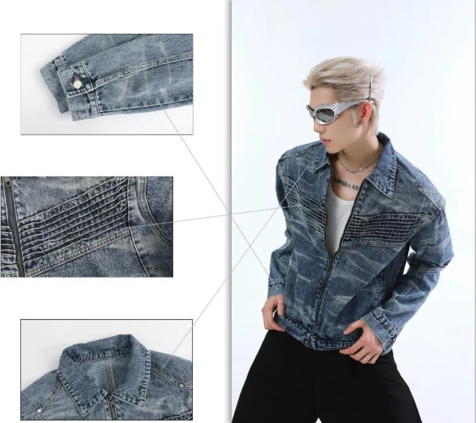 vintage washed mens denim jacket heavy weight high street contour pleat design cowboy coats short motorcycle hip hop outwear unique jeans style 3681