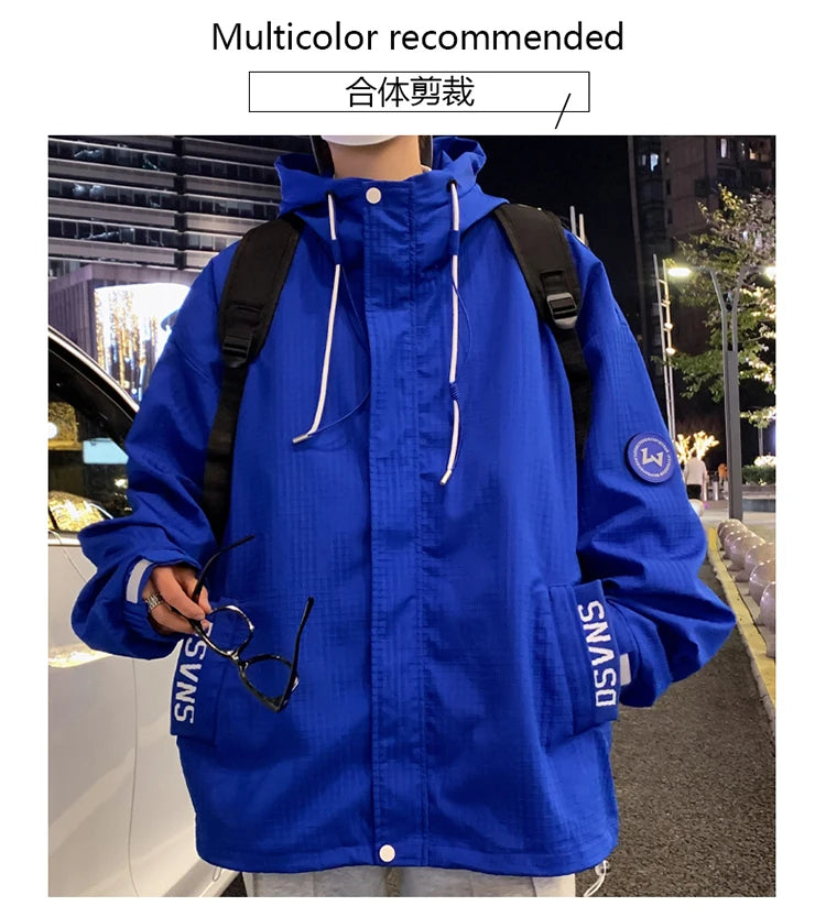 korean style punch jacket men autumn new epaulet design hooded jackets waterproof windproof loose unisex coats unique default style 5077