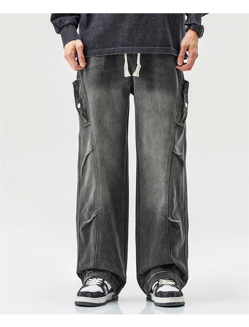 2025 new hip hop multi pockets straight jeans for men high street cargo denim pants spring y2k vintage distressed baggy jean unique cargo style 3363