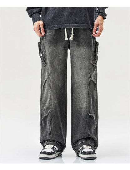 2025 new hip hop multi pockets straight jeans for men high street cargo denim pants spring y2k vintage distressed baggy jean unique cargo style 3363