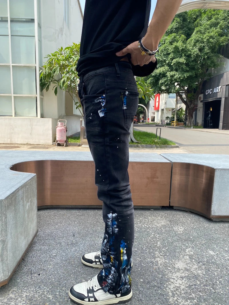 graffiti printed skinny denim jeans men casual buttons fly slim straight biker trousers jeans fashion hip hop jean pants joggers unique joggers style 2385
