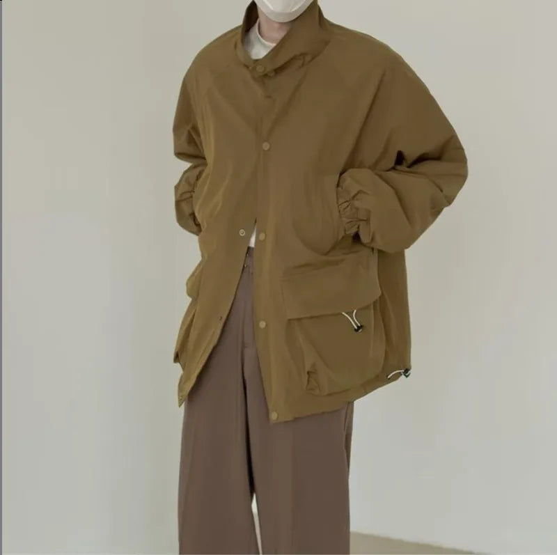 japanese spring jacket mens single breasted stand collar harajuku unisex coats solid big pocket drawstring casual men outwear unique default style 1874