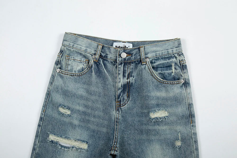 Frayed Hole Damaged Washed Blue Baggy Jeans for Men Y2k Streetwear Straight Casual Denim Trousers Ropa Hombre Loose Cargo Pants Street King Limited