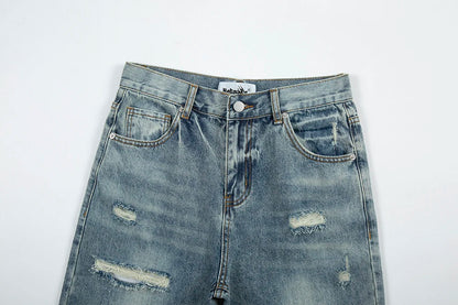 Frayed Hole Damaged Washed Blue Baggy Jeans for Men Y2k Streetwear Straight Casual Denim Trousers Ropa Hombre Loose Cargo Pants Street King Limited