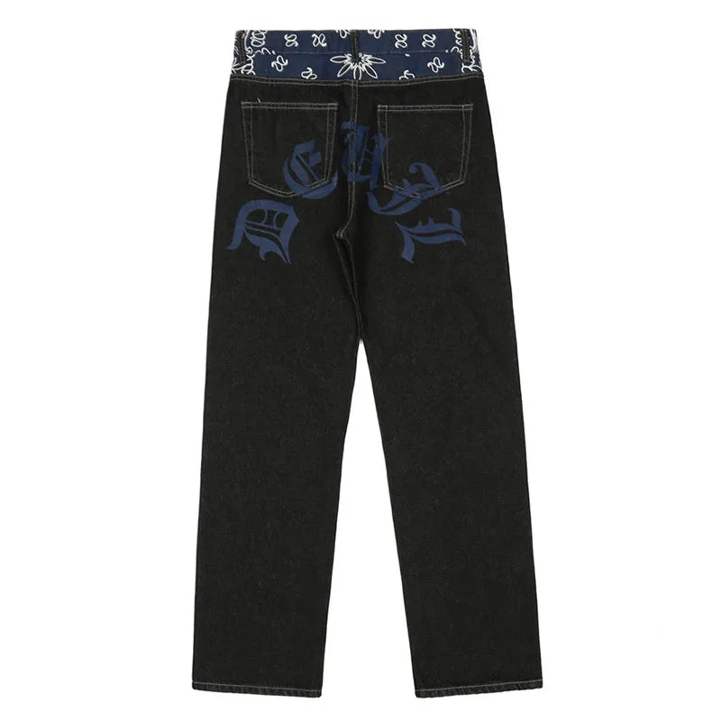 Men Jeans Letter Print Contrast Patchwork Denim Pants High Street Straight Washed Retro Oversized Trousers Y2K Men's Clothing Street King Limited