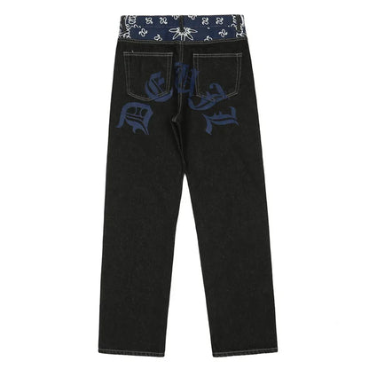 Men Jeans Letter Print Contrast Patchwork Denim Pants High Street Straight Washed Retro Oversized Trousers Y2K Men's Clothing Street King Limited