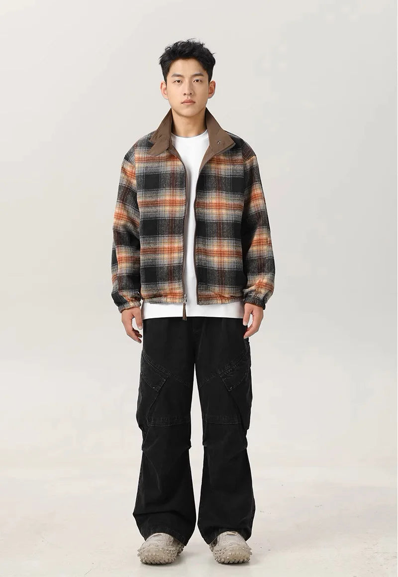 double side wearable coach jacket men streetwear fashion cleanfit splice plaid loose casual outdoor cargo jacket boyfriend coat unique cargo style 829