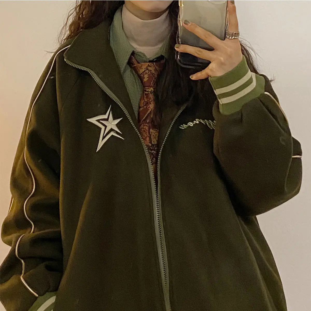 Autumn and winter new Korean star stand collar jacket y2k vintage loose embroidery plush thickened sportswear clothes women Street King Limited