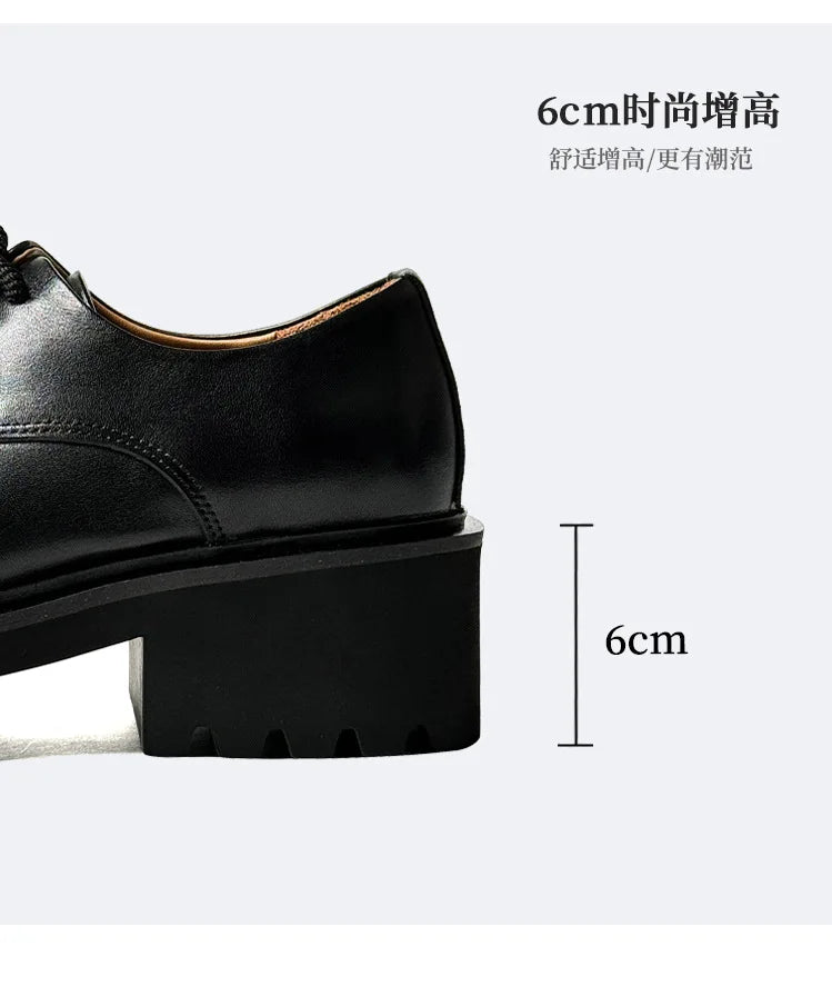 Men High Quality Genuine Leather Streetwear Fashion Casual Hip Hop Derby Shoes Cow Leather Rubber Foam Sole High Heels Shoes Street King Limited