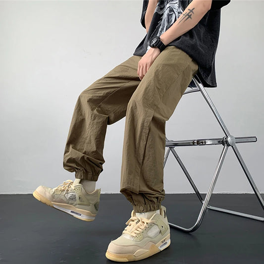 summer mens solid color breathable trousers male casual elastic waist fitness joggers sweatpants autumn baggy straight pants relaxed fit joggers