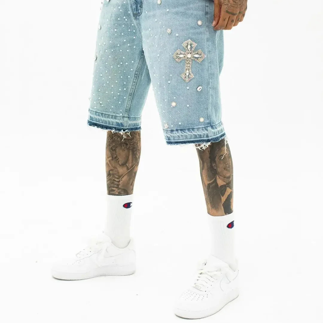 Denim Gym Shorts Men Women Y2K Hip Hop Retro Rhinestones Streetwear Shorts Gothic Baggy Jeans High Waist Basketball Shorts Street King Limited
