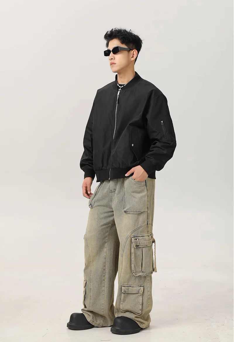 double side wearable men spring autumn streetwear fashion loose casual cargo bomber jacket boyfriend cleanfit coat outerwear unique cargo style 918