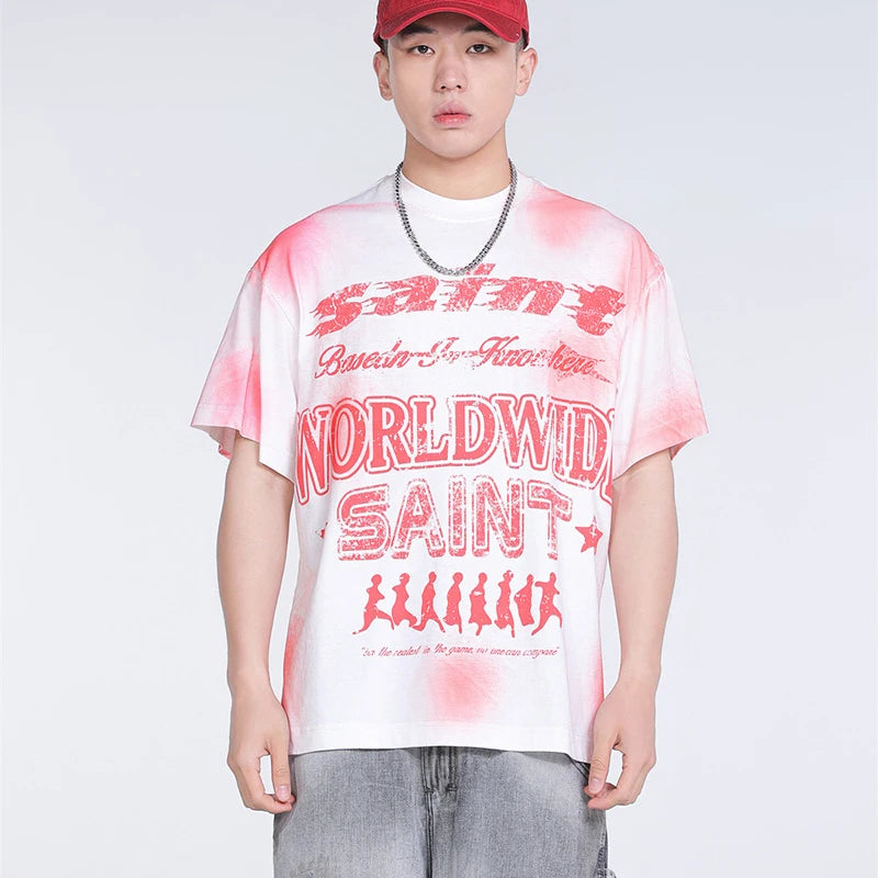 Black White Blue SAINT T-shirt Men Woman Good Quality Vintage Cartoon Pattern Printing Loose Casual Top Tees Street King Limited