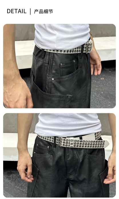 men brand fashion splice pocket loose casual wide leg leather baggy pant cityboy streetwear cargo motorcycle pants trousers unique cargo style 2423