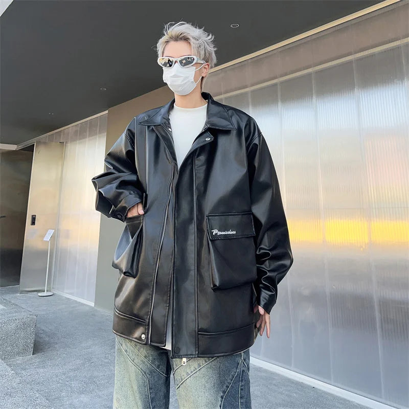 autumn motorcycle pu jacket coat for men leisure trendy workwear jacket niche ruffian handsome double neckline design jacket clean everyday pants