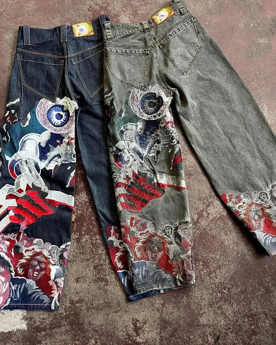 Hip Hop Rock Embroidery New Y2k Jeans Pattern Printed Loose Trousers for Men and Women Retro Harajuku Goth Ripped Wide Leg Pants Street King Limited
