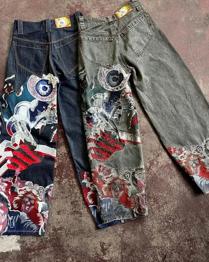 Hip Hop Rock Embroidery New Y2k Jeans Pattern Printed Loose Trousers for Men and Women Retro Harajuku Goth Ripped Wide Leg Pants Street King Limited