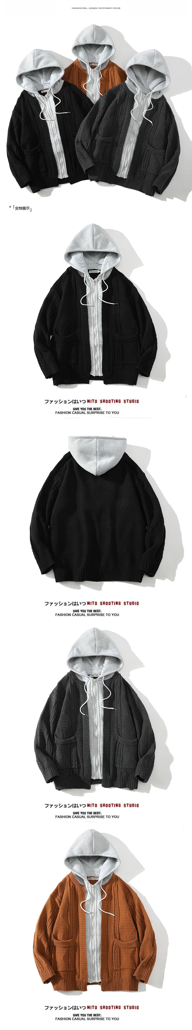 men hooded knitted cardigan sweater coat autumn winter fake two piece hooded drawstring jacket unisex streetwear unique default style 1090