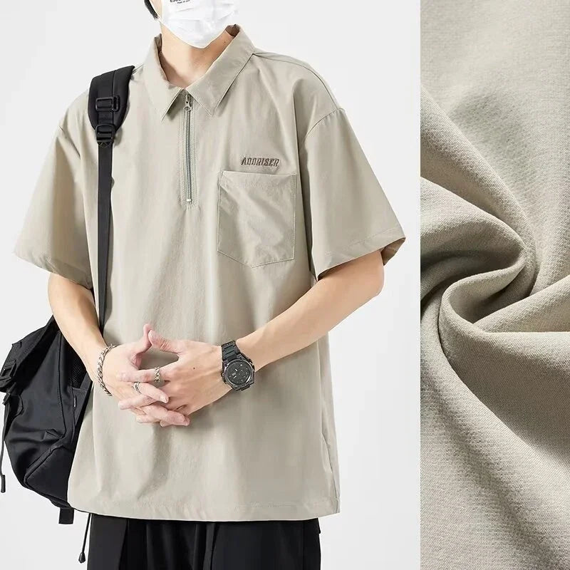 Streetwear Summer Short Sleeve Lapel Polo Shirt Mens Letter Embroidery Zipper Gol Summer Short Sleeve Lapel Polo Shirt Mens Letter Embroidery Zipper Golf Wear 2024 Korean Fashion Streetwear Loose Tee Shirts Fashion Sweater Jacket With Graphic Design For Men