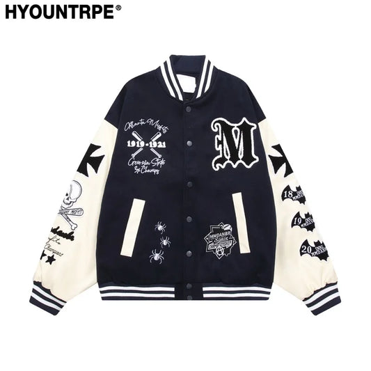 mens bomber baseball jacket coats casual patchwork pu leather single buttons fashion embroidery streetwear hip hop loose jackets minimalist street pants