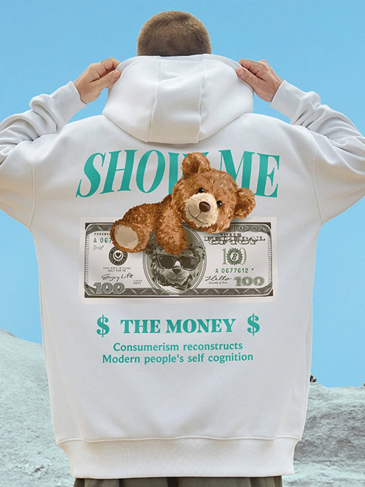 Money Bear Print Fleece Hoodies For Men Autumn Hip Hop Hooded Sweatshirts Unisex Pullovers Streetwear y2k Hoodie Tracksuit Homme Street King Limited