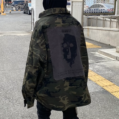Undermycar High Street Trendy Brand High Quality Extra Large Washed and Worn Dark Checker Patch Camo Shirt Street King Limited
