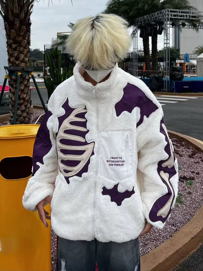 mens casual skulls patchwork fleece jackets coats new hairy stand collar zipper loose hoodies outerwears warm streetwear parkas unique default style 4795