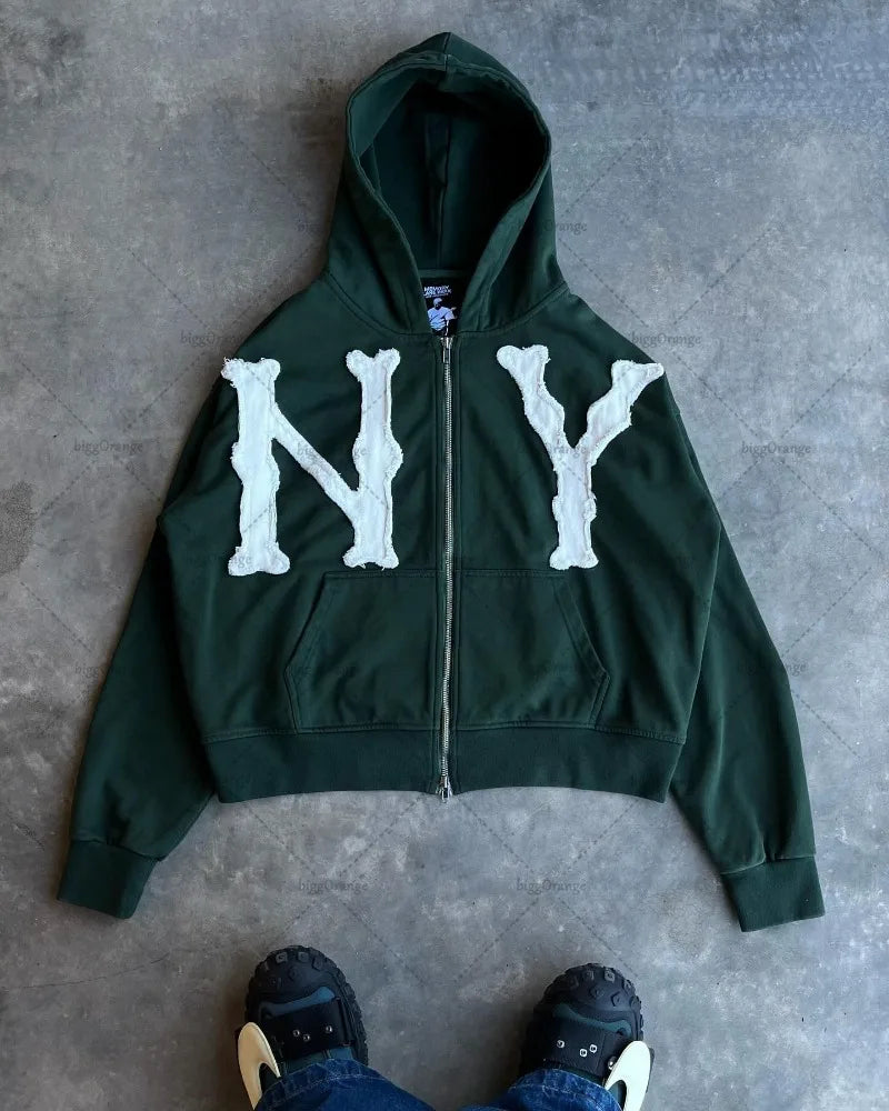 American Street Zipper Hoodie Men Harajuku Letters High Street All-match Casual Jacket Embroidered Oversized Sweatshirt Women Street King Limited