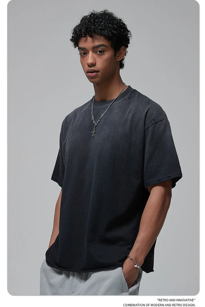 2024 Spring Summer New in Tops Tees Trendy Spray Dye Cut Damaged Washed Y2k Clothes Men's Short Sleeved T-shirt Oversized Street King Limited